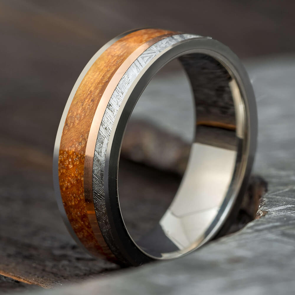 Meteorite & Whiskey Barrel Wood Wedding Band with Gold Pinstripe ...