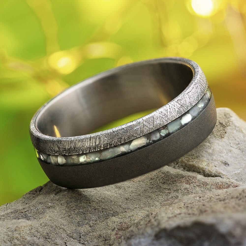 Meteorite and Mother of Pearl Wedding Band for Men