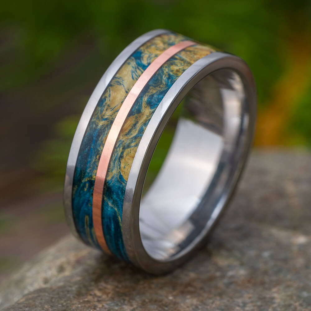 Blue Box Elder Burl Wood Wedding Band in Titanium with Copper Pinstripe-4353 - Jewelry by Johan