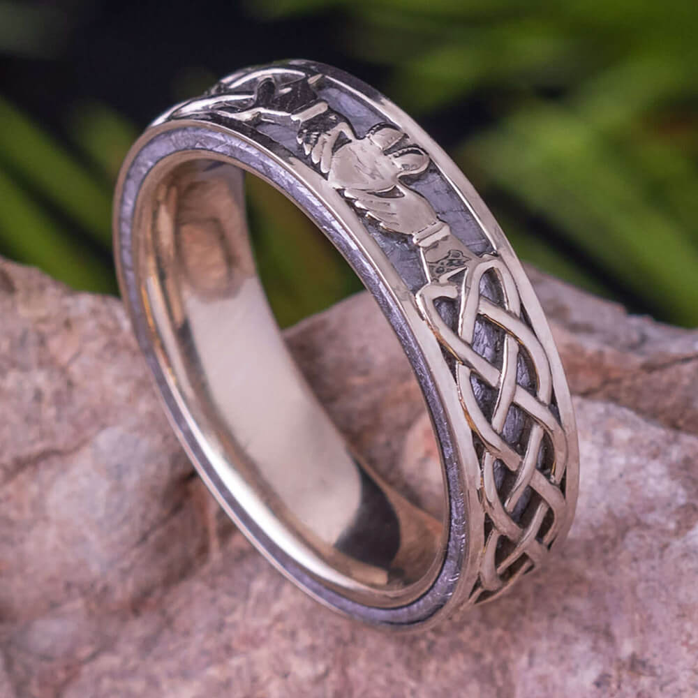 Meteorite Claddagh Ring With White Gold