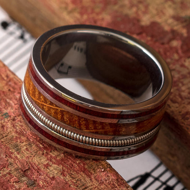 Guitar String Wedding Band with Whiskey Barrel Oak