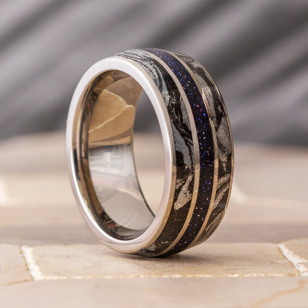 Blue Goldstone Men's Wedding Band with Black and White Mokume-4421 - Jewelry by Johan