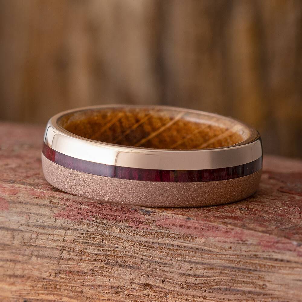 Sandblasted Rose Gold Wedding Band with Whiskey Oak-4424 - Jewelry by Johan
