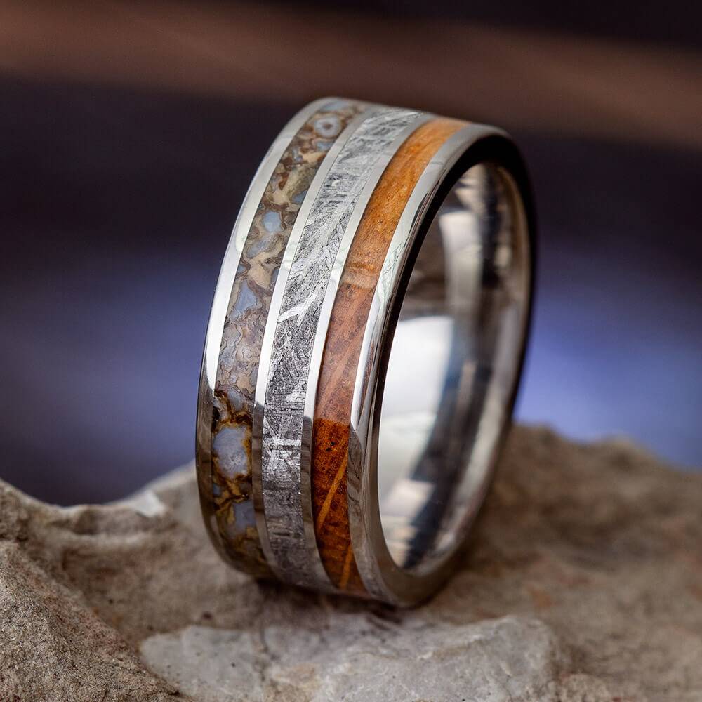 Fossil & Meteorite Wedding Band with Whiskey Wood | Jewelry by Johan