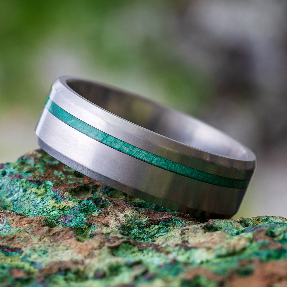 Exotic Hard Wood Wedding Band: Bloodwood Inlay in Titanium Ring, Wood rings