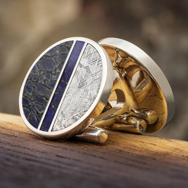 Meteorite, Lapis, and Dinosaur Bone Cuff Links