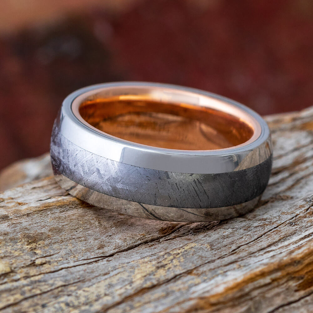 Platinum Meteorite Wedding Band with Rose Gold Sleeve-4467 - Jewelry by Johan