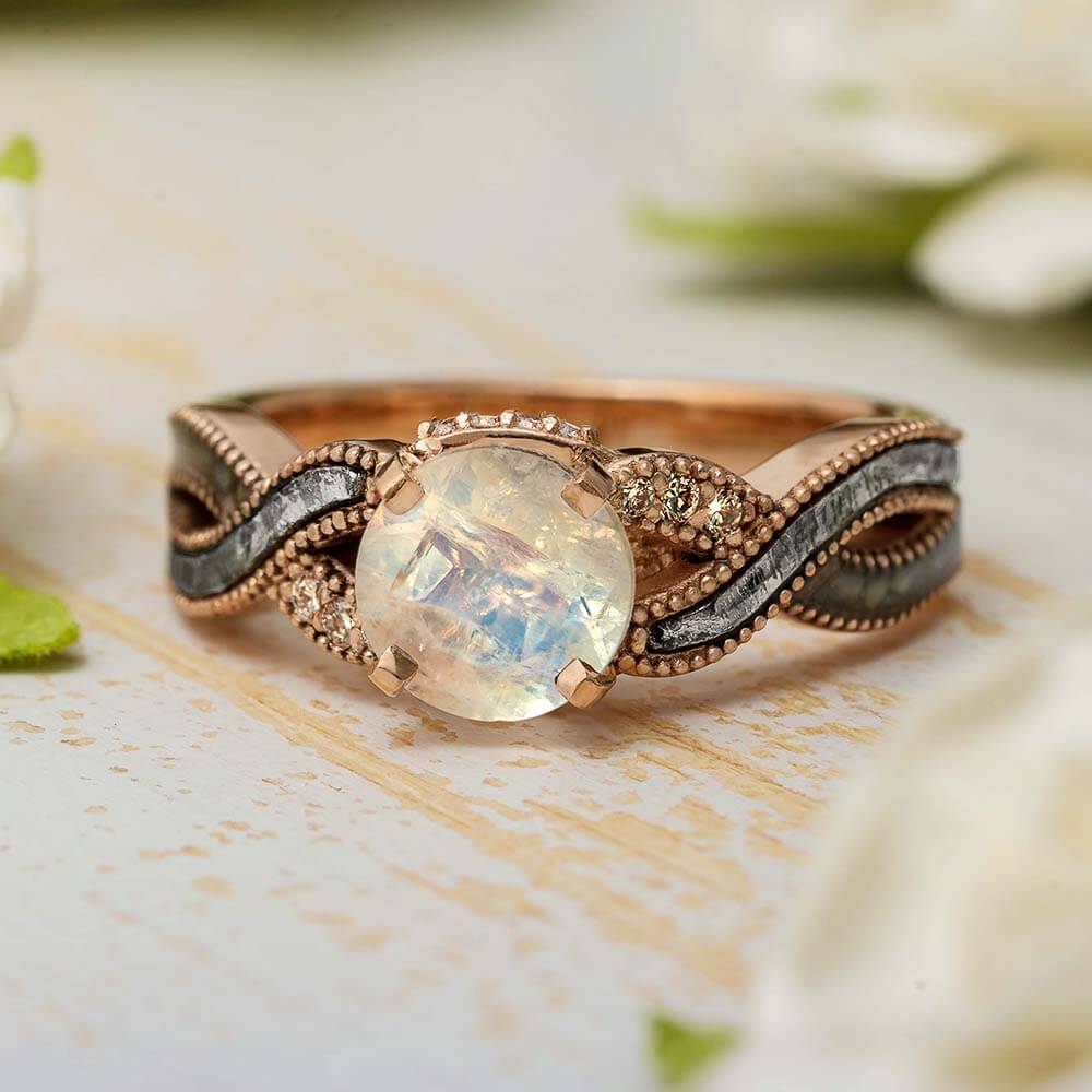 JeenMata 0.50 Carat 4 Prong Branch Leaf Design Round Cut Rainbow Moonstone  Engagement Ring In 18K Rose Gold Plating Over Silver - Walmart.com