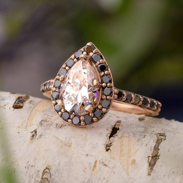 Pear Halo Engagement Ring with Black Diamonds-4486 - Jewelry by Johan