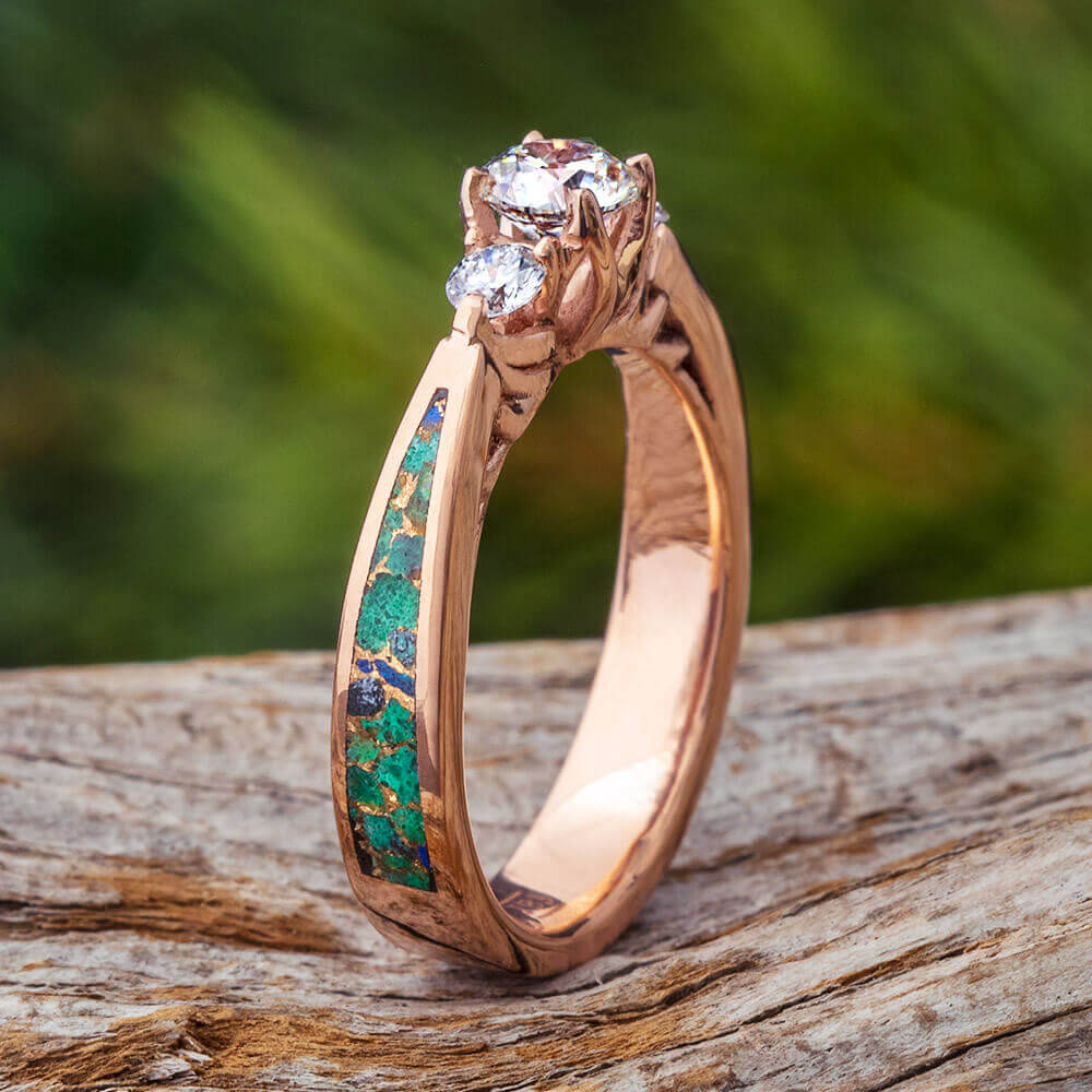 Diamond Engagement Ring with Desert Mosaic Turquoise and Rose Gold-4506 - Jewelry by Johan