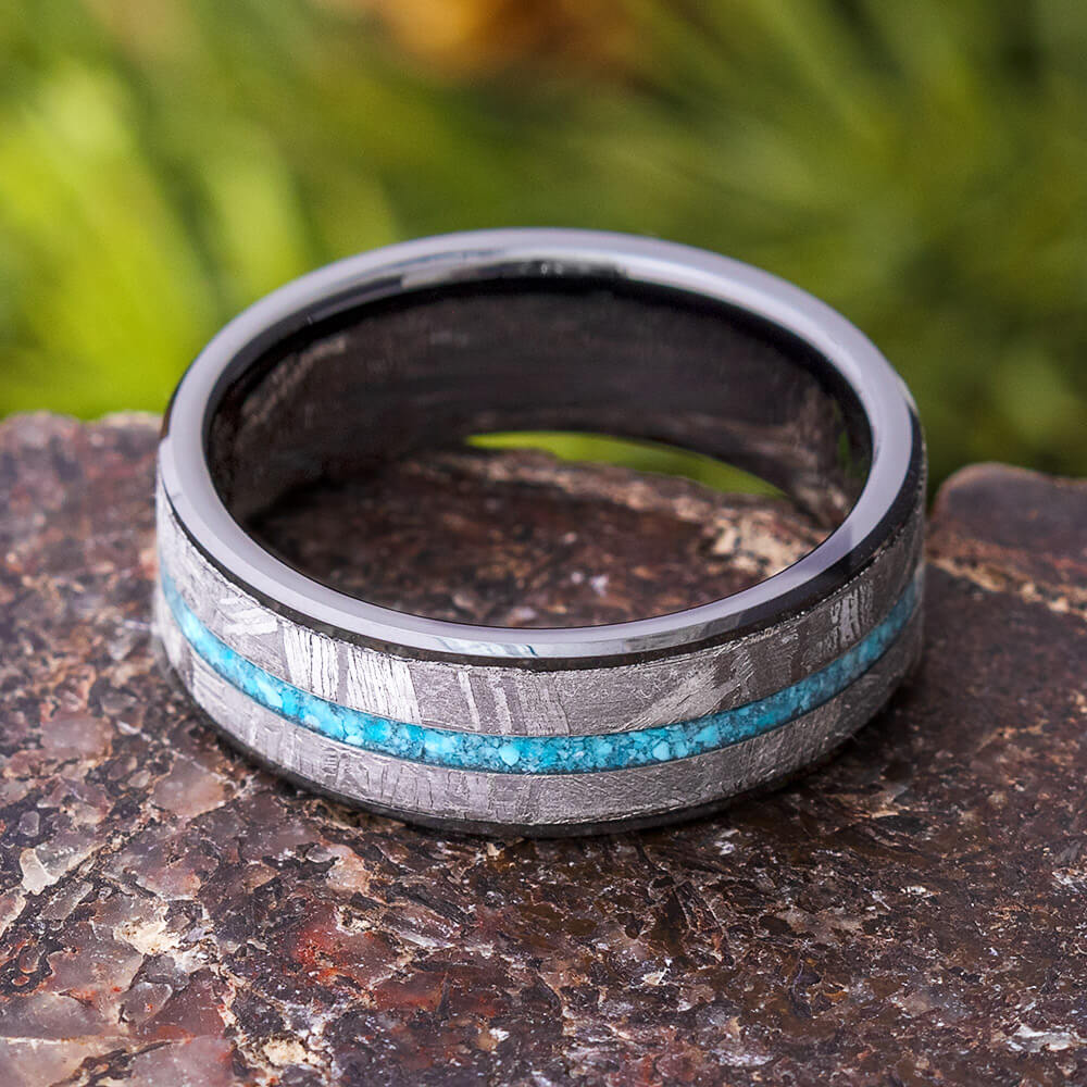 Black Ceramic Wedding Band with Meteorite and Turquoise-4512 - Jewelry by Johan