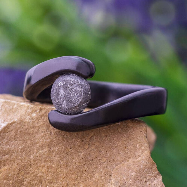 Black Engagement Ring with Faux Tension Set Meteorite Stone-4527-MET - Jewelry by Johan