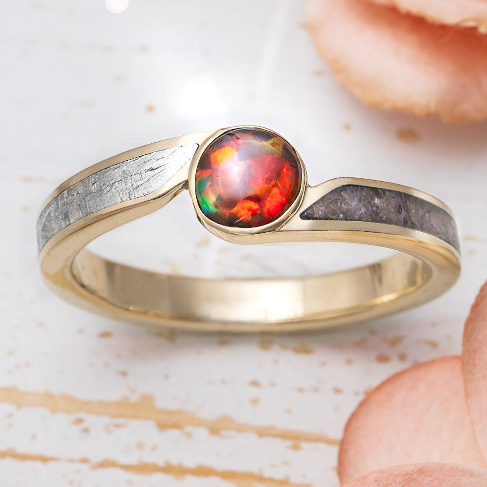 Opal Engagement Ring with Meteorite and Dinosaur Bone
