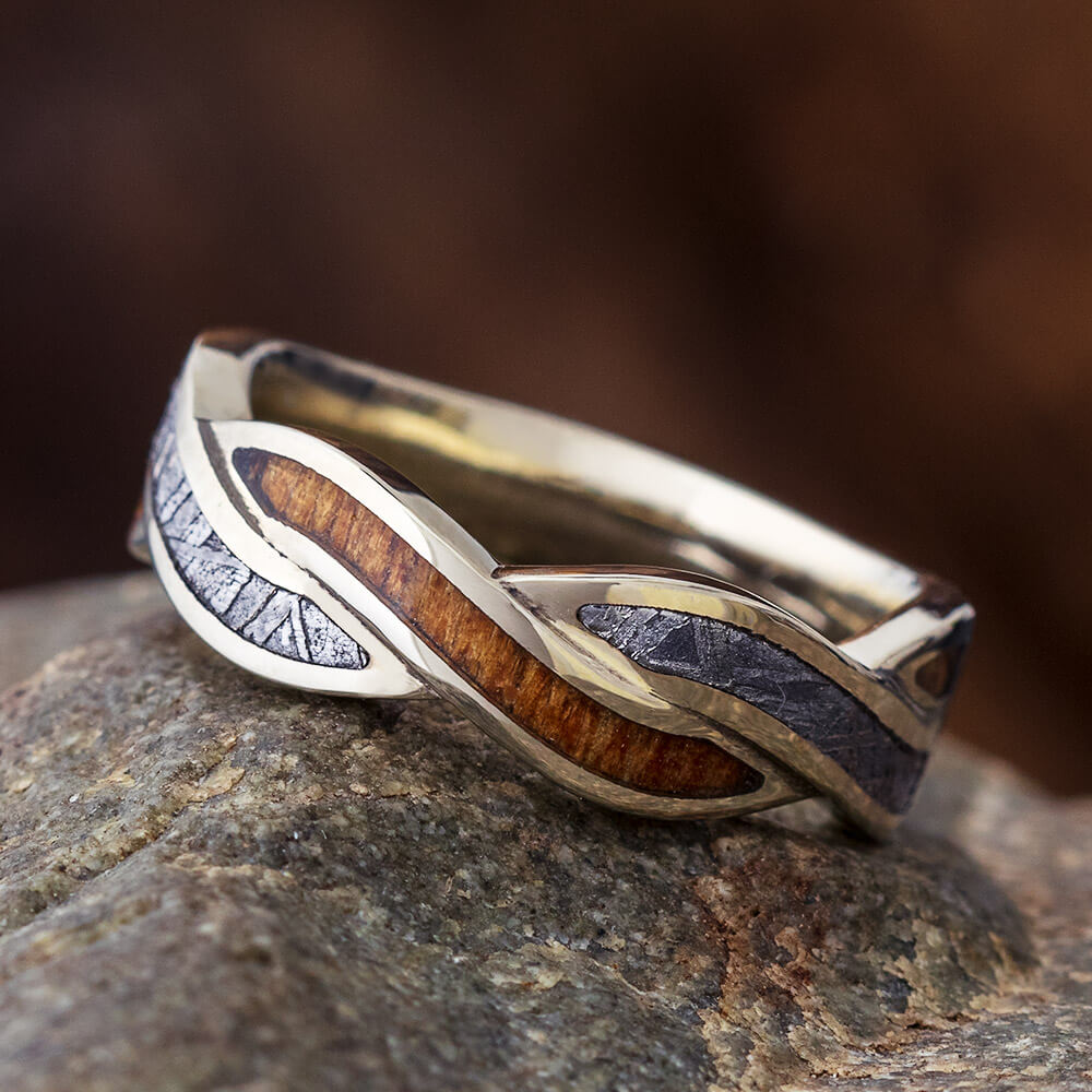 White Gold, Meteorite and Koa Wood Twist Wedding Band-4538 - Jewelry by Johan