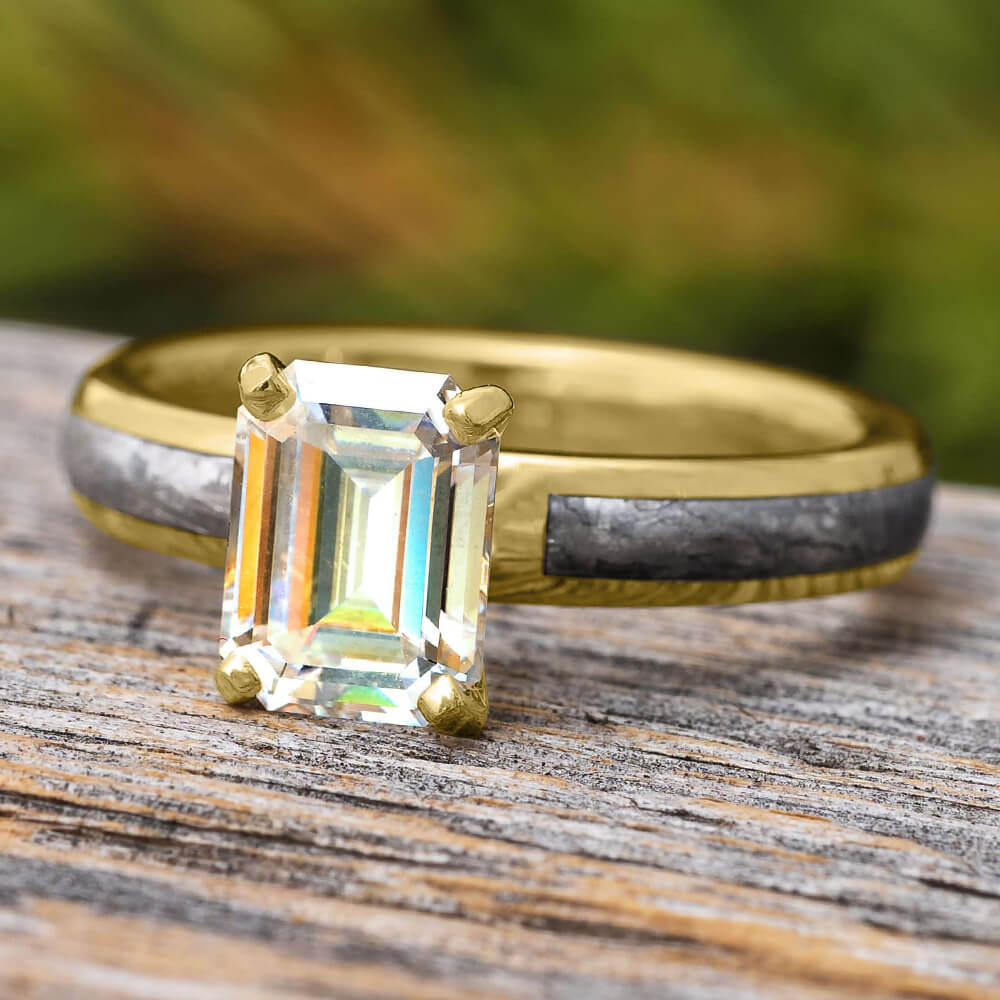 Emerald Cut Engagement Ring with Meteorite
