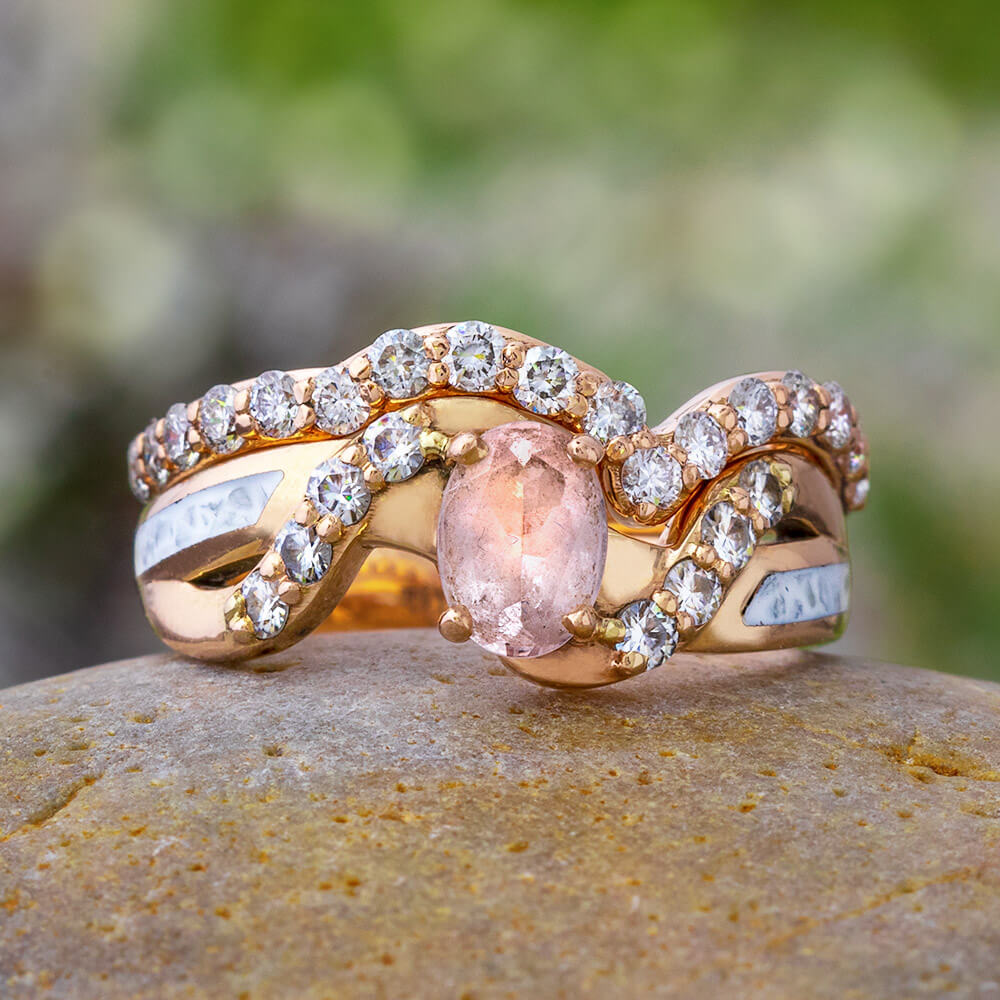 Rose Gold Morganite Bridal Set with White Stardust