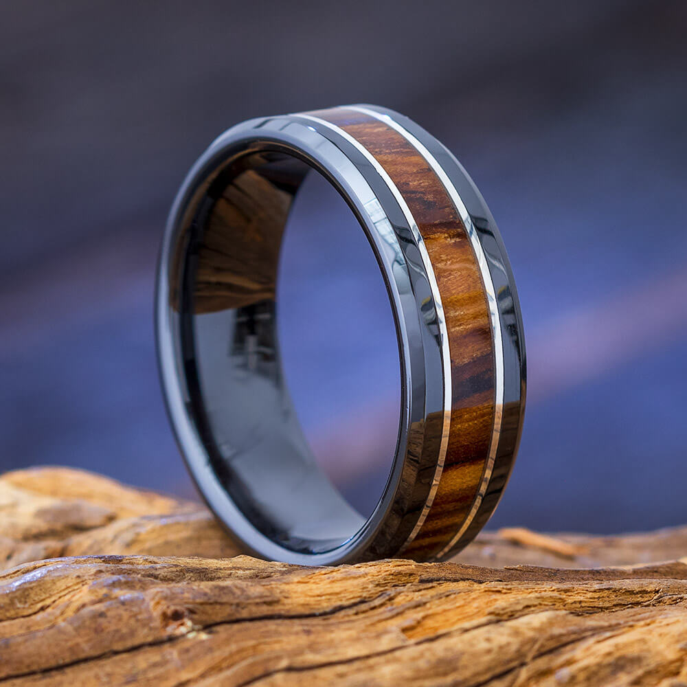 Black Ceramic Wedding Band with Zebrawood-4582 - Jewelry by Johan