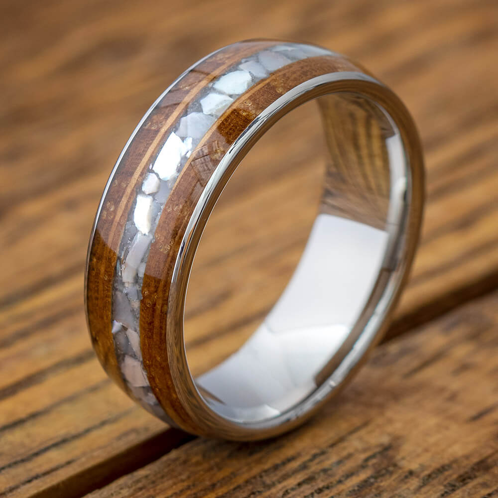 Whiskey Barrel Wood Wedding Band with Crushed Pearl-4590 - Jewelry by Johan