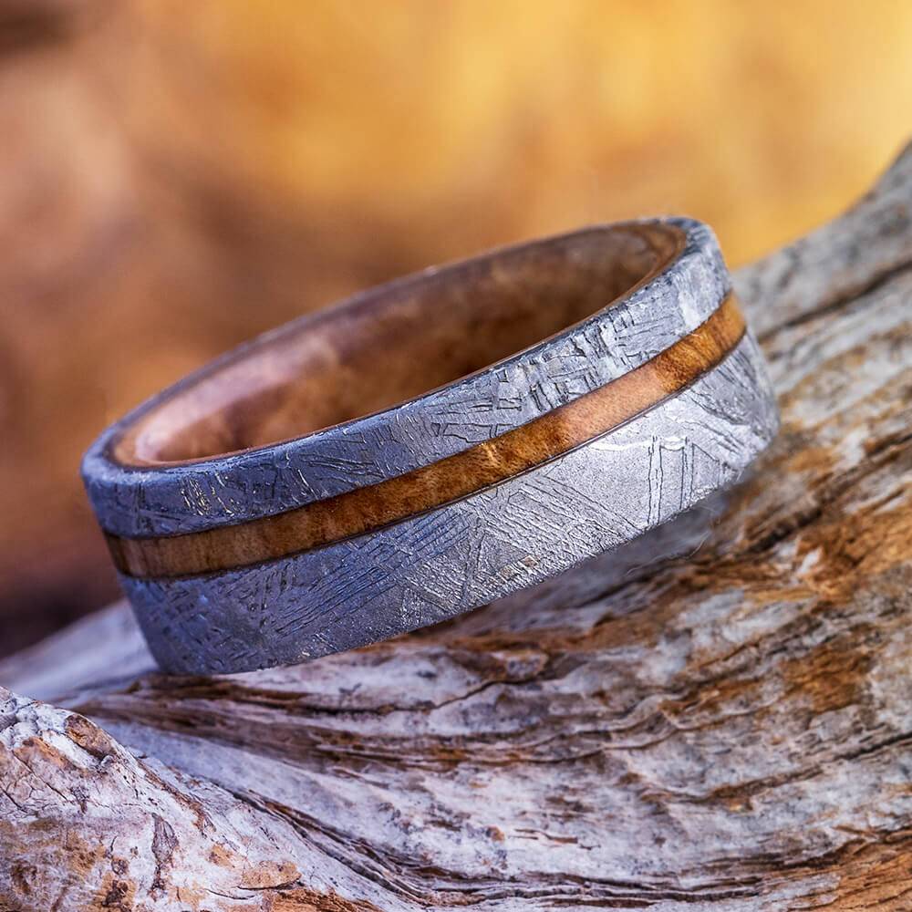 Men's Meteorite Wedding Band with Black Ash Burl Wood-4598 - Jewelry by Johan