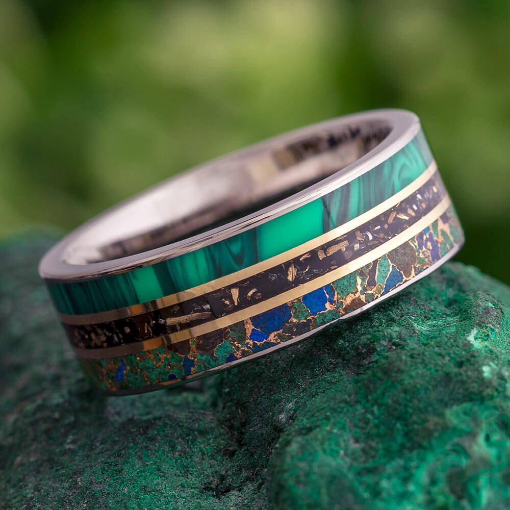 Stardust Wedding Band with Malachite and Desert Mosaic Turquoise-4601 - Jewelry by Johan