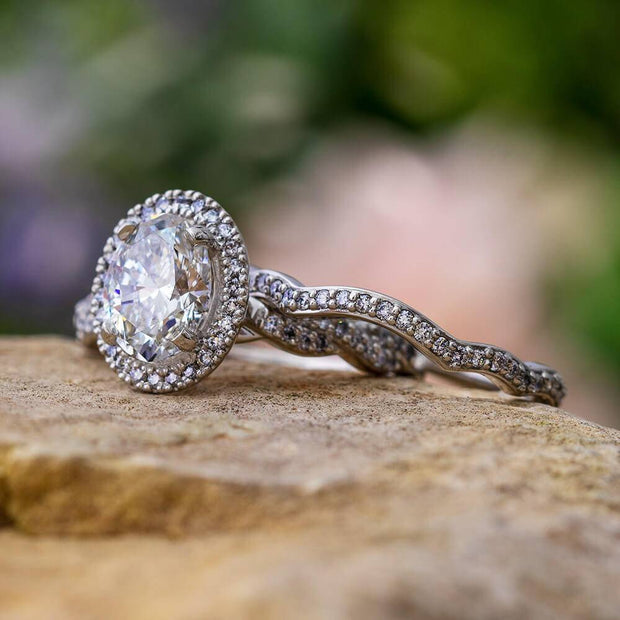 Matching Diamond Halo Bridal Set with Polished Platinum