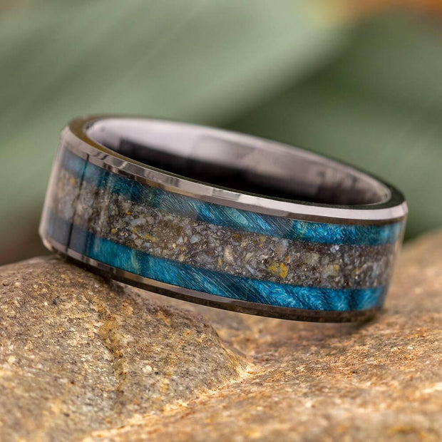 Black Ceramic Wedding Band with Dinosaur Bone and Blue Wood-4626 - Jewelry by Johan