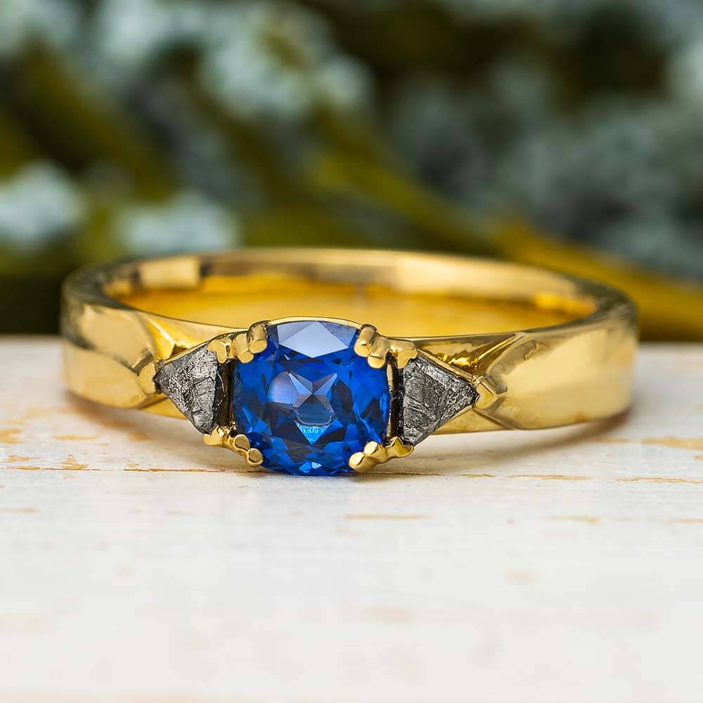 Yellow Gold, Meteorite and Sapphire Engagement Ring