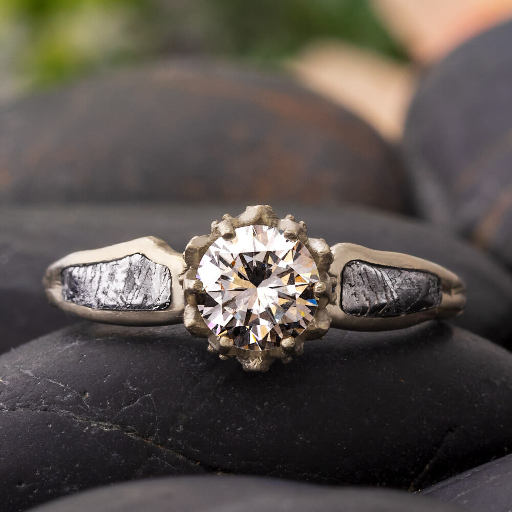 White Gold Meteorite Engagement Ring with Moissanite in Lotus Setting-4649 - Jewelry by Johan