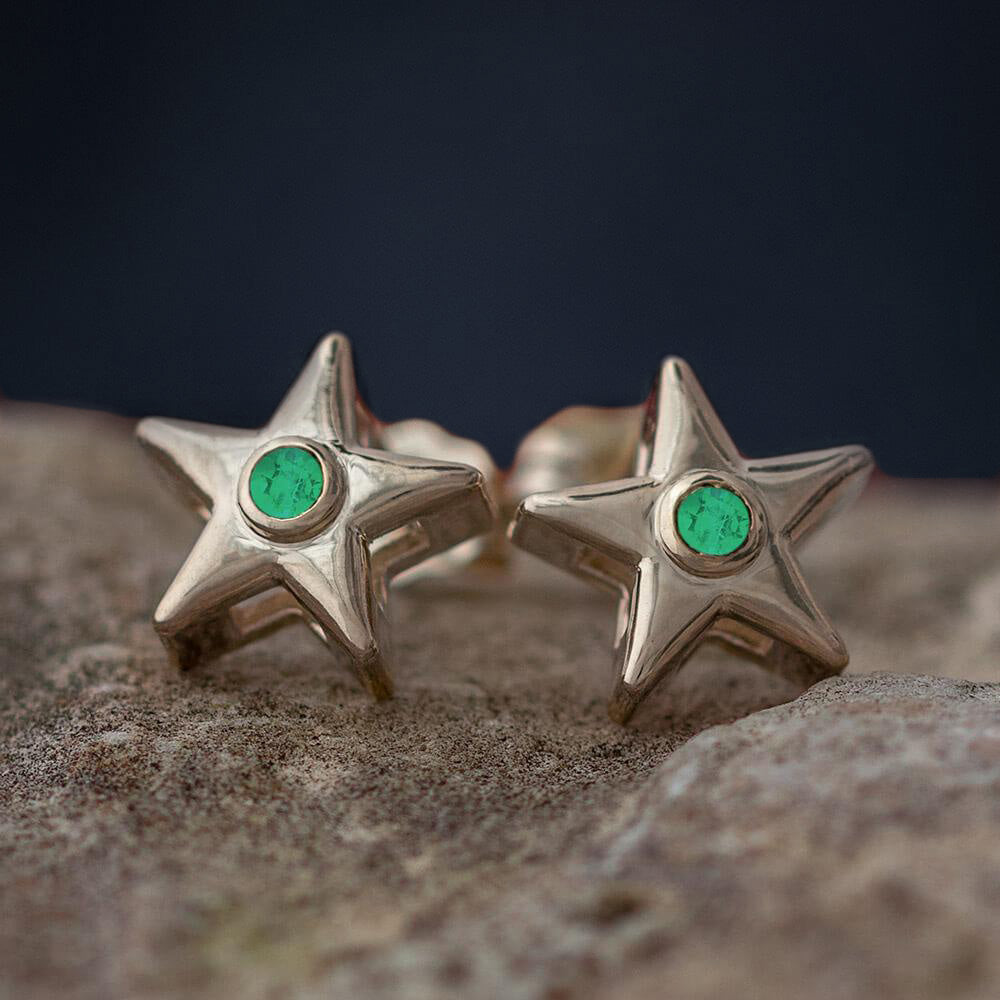 May Birthstone Gold Star Earrings with Emerald