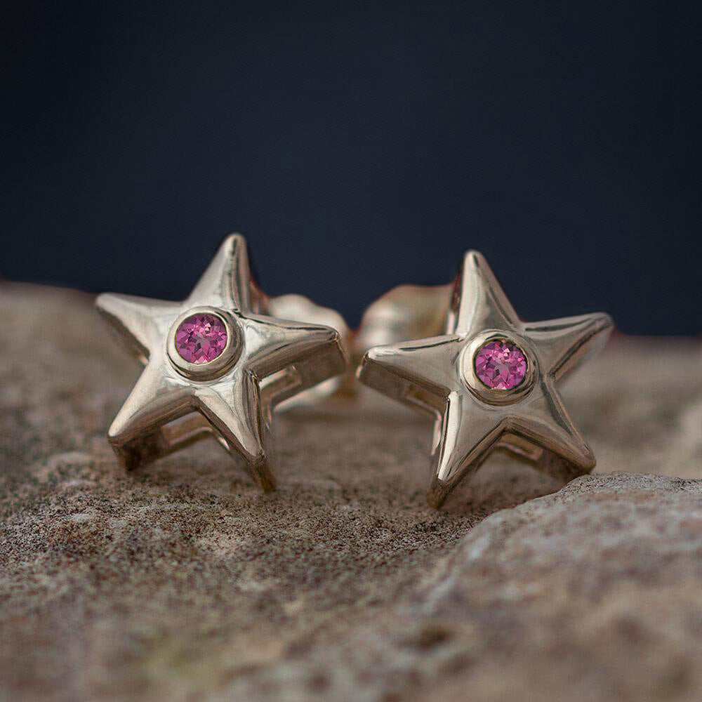 October Birthstone Gold Star Earrings with Pink Tourmaline