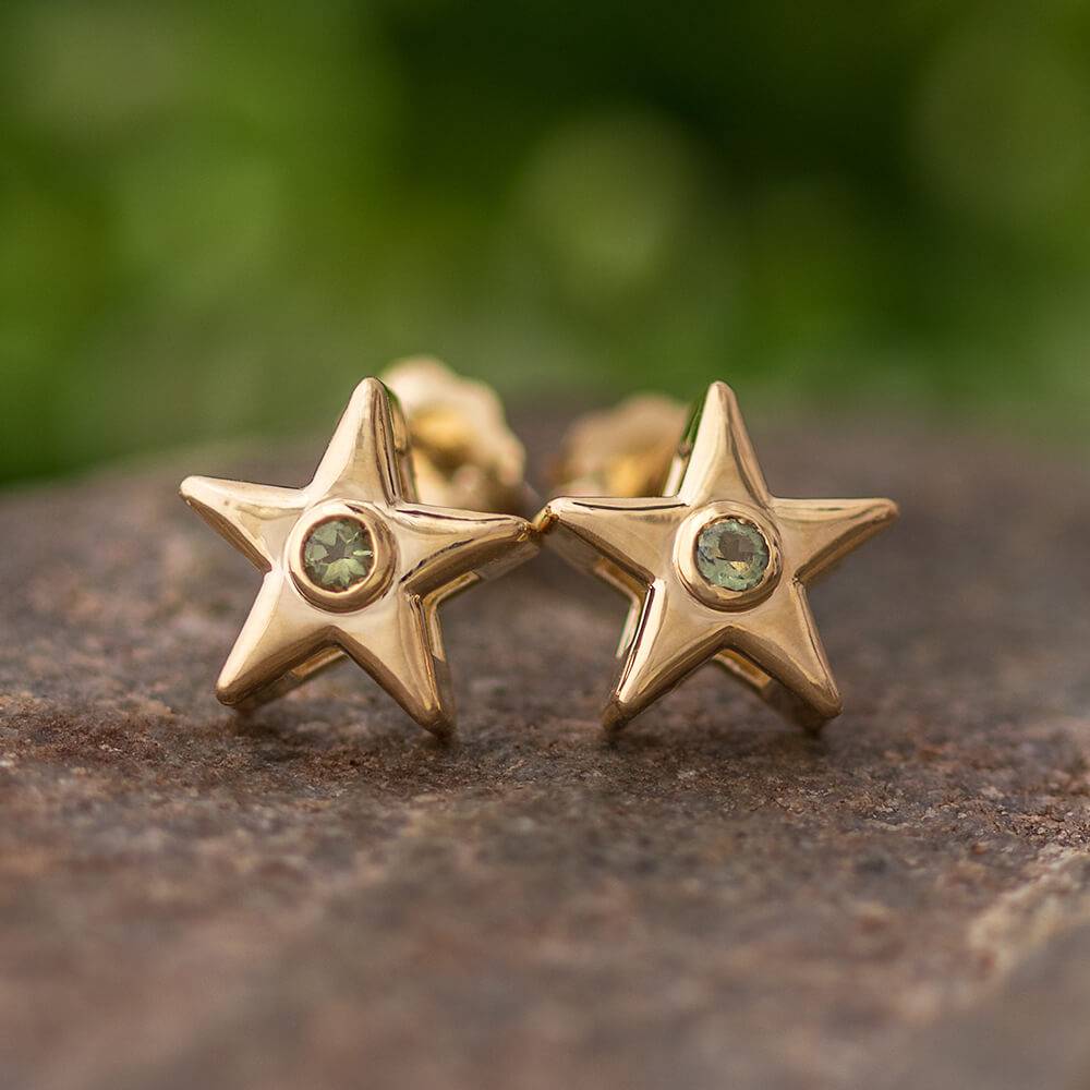 Moldavite Star Stud Earrings In Yellow, White or Rose Gold-4650ML - Jewelry by Johan