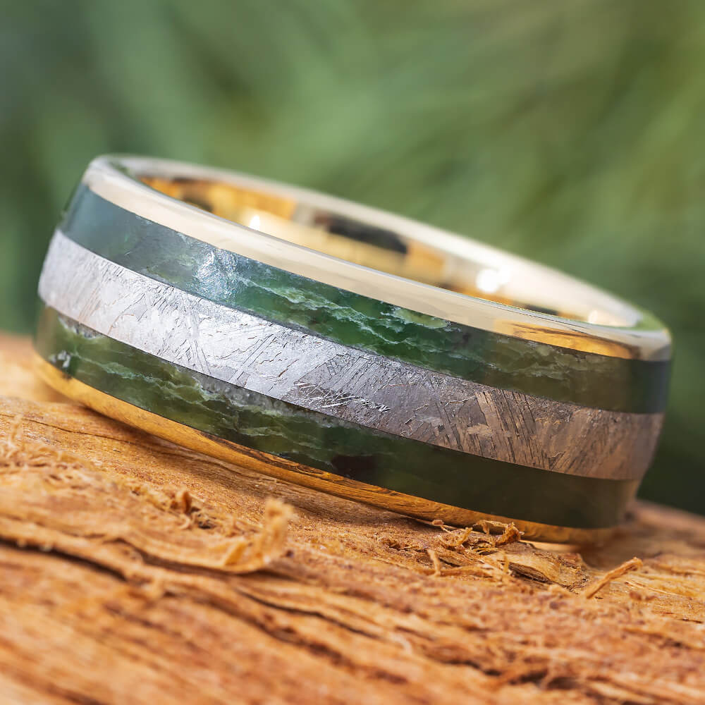 Gold and Jade Wedding Band with Meteorite
