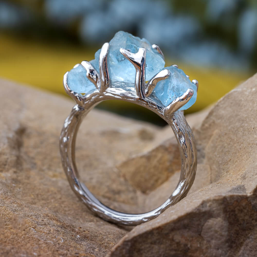 Raw Aquamarine Threader Stacking Silver Earrings - Raw aquamarine  gemstones, sterling silver beads, sterling silver