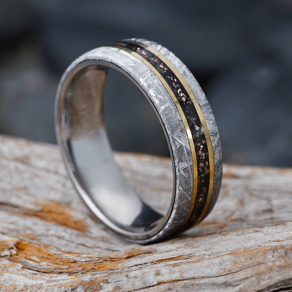 Black Stardust Ring With Gold Pinstripes and Meteorite Edges-4671 - Jewelry by Johan