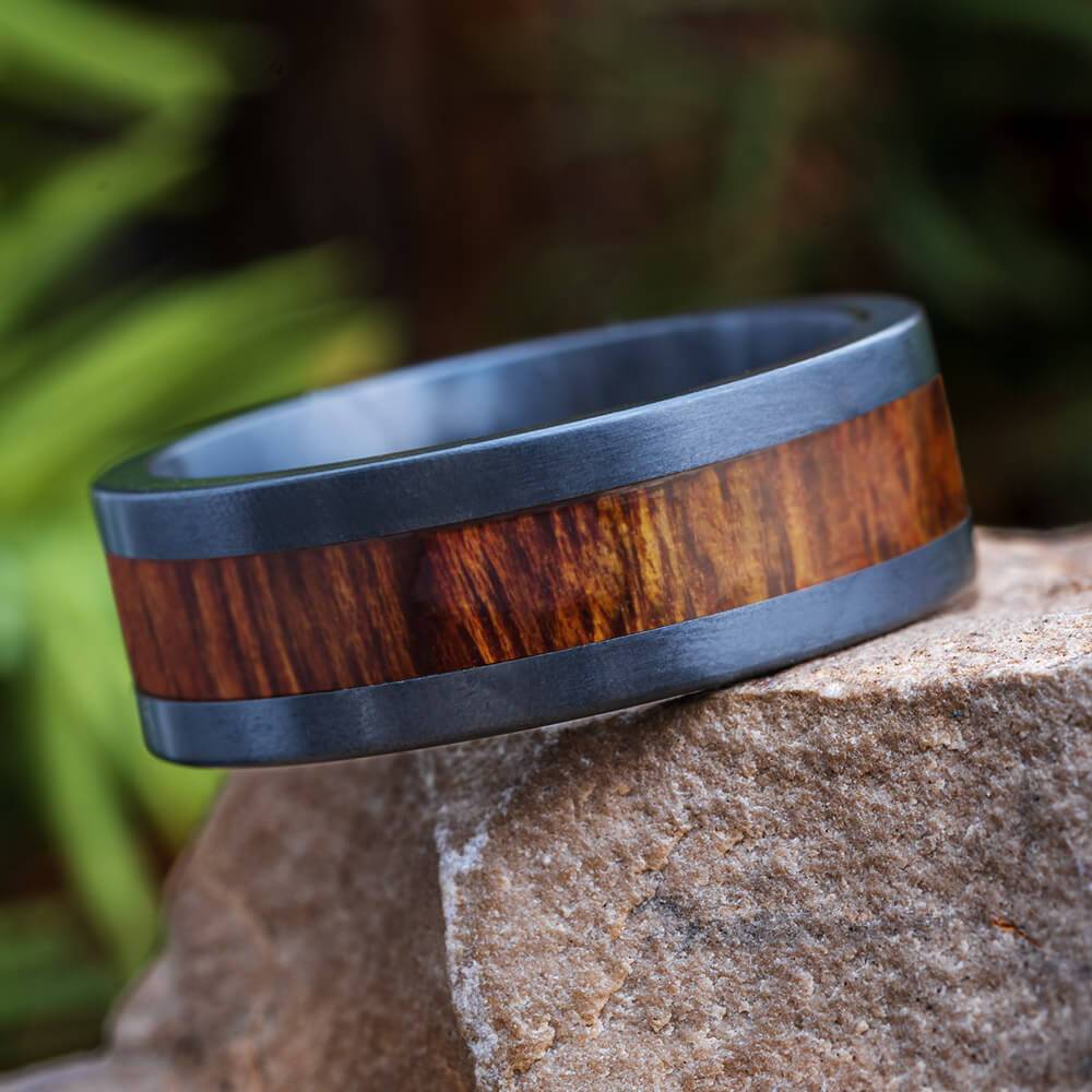 Flat Black Zirconium Band with Koa Wood Inlay-4684-WD - Jewelry by Johan