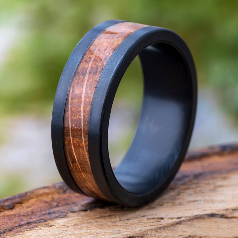 Black Zirconium Wedding Band with Whiskey Barrel Oak Wood-4684-WDP - Jewelry by Johan