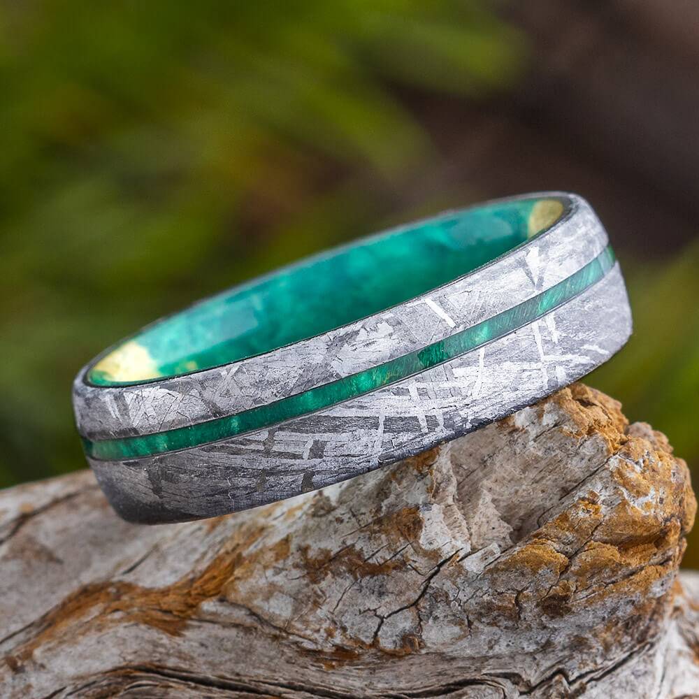Meteorite and Green Wood Wedding Band