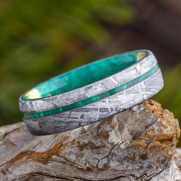 Meteorite and Green Wood Wedding Band