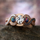 Three Stone Rose Gold Engagement Ring with Meteorite