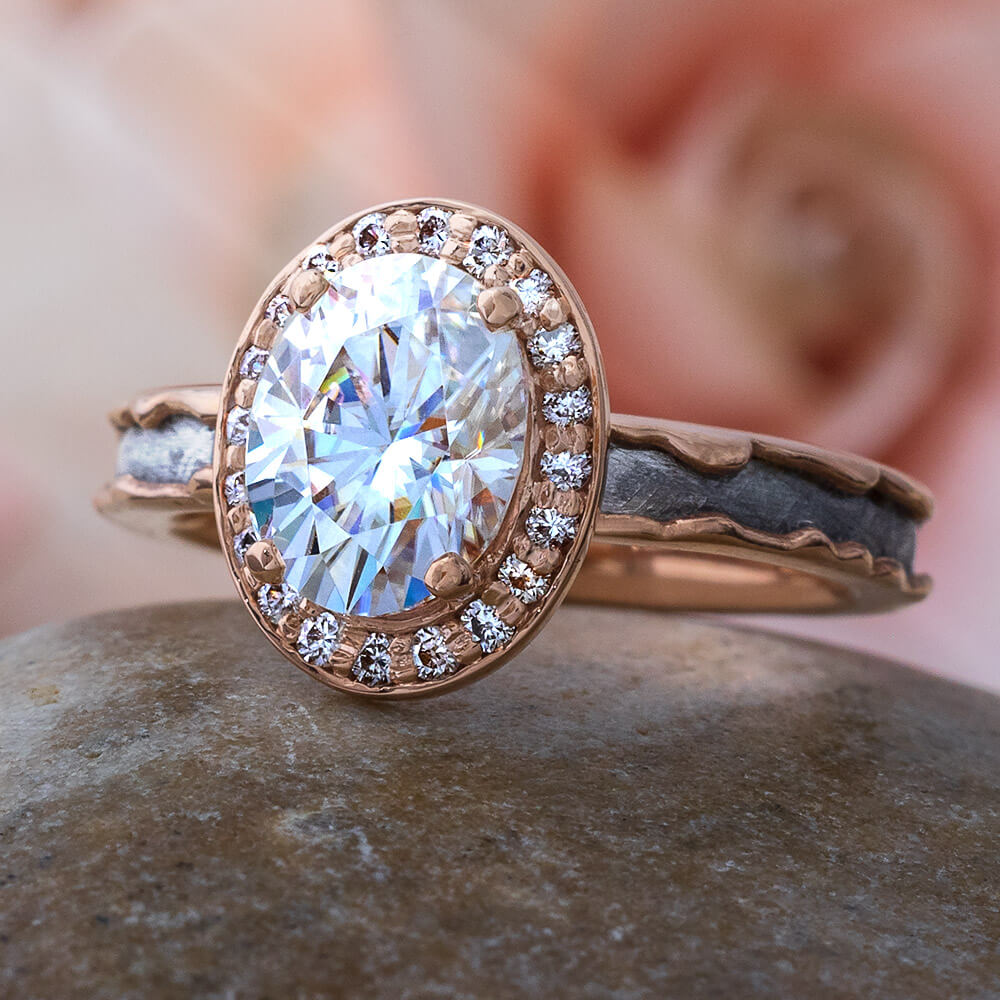 Rose Gold Meteorite Engagement Ring with Halo Setting