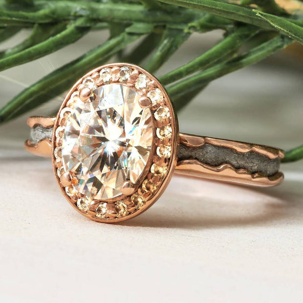 Rose Gold Meteorite Engagement Ring with Halo Setting
