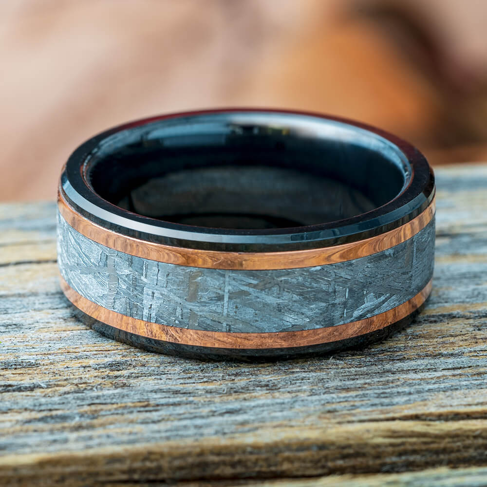 Black Ring With Meteorite & Copper Pinstripes-4707 - Jewelry by Johan