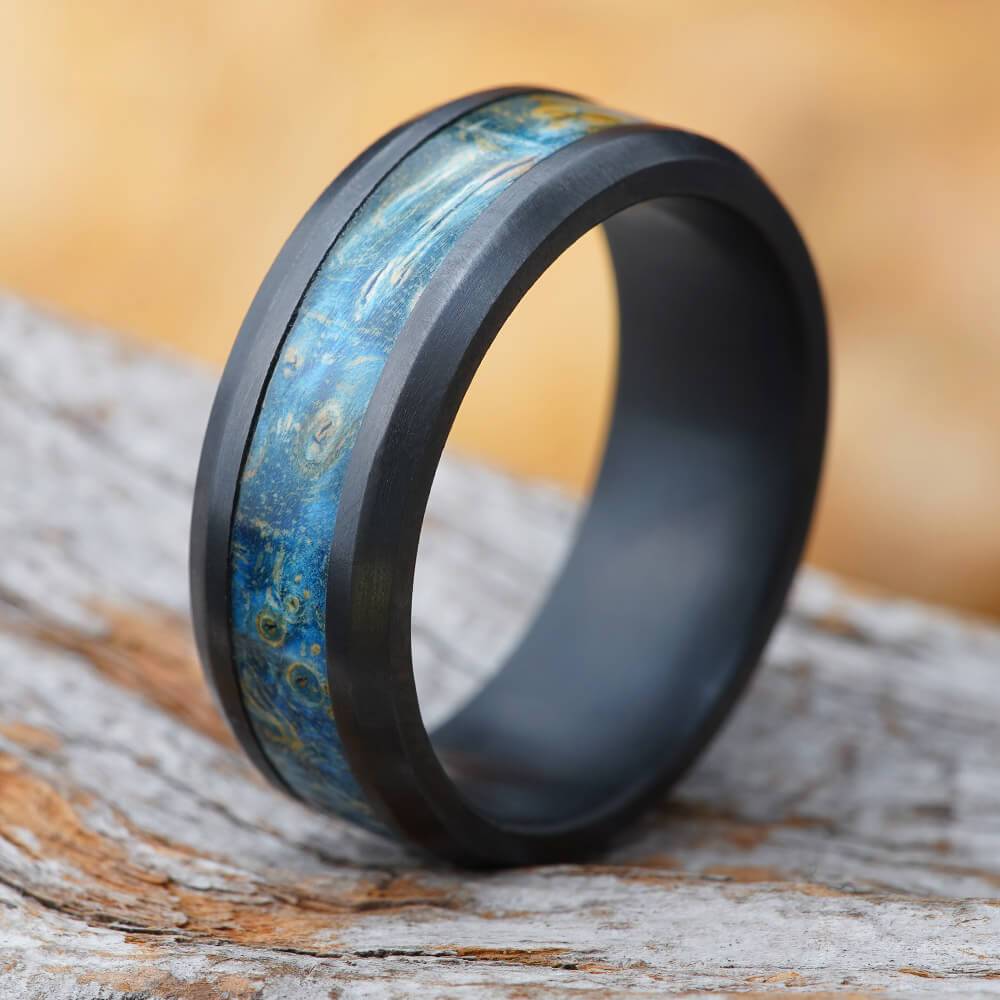 Beveled Black Zirconium Wedding Band with Blue Wood-4724-WD - Jewelry by Johan