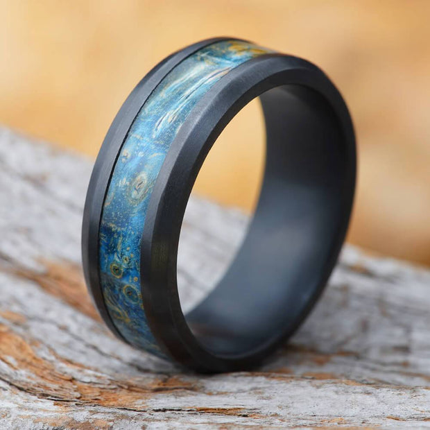 Beveled Black Zirconium Wedding Band with Blue Wood-4724-WD - Jewelry by Johan