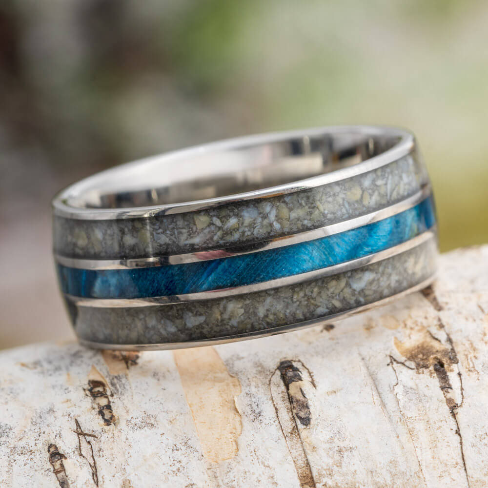 Fossil Wedding Band with Wood