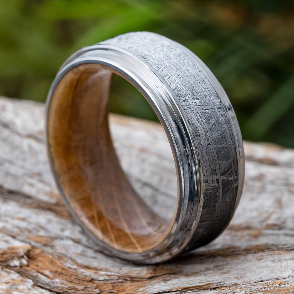 Meteorite and Whiskey Wood Wedding Band in Titanium