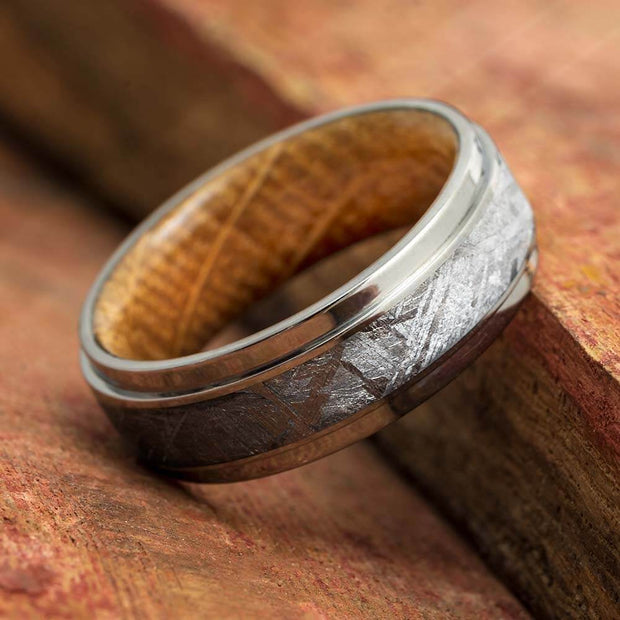 Meteorite and Whiskey Barrel Oak Wood Wedding Band