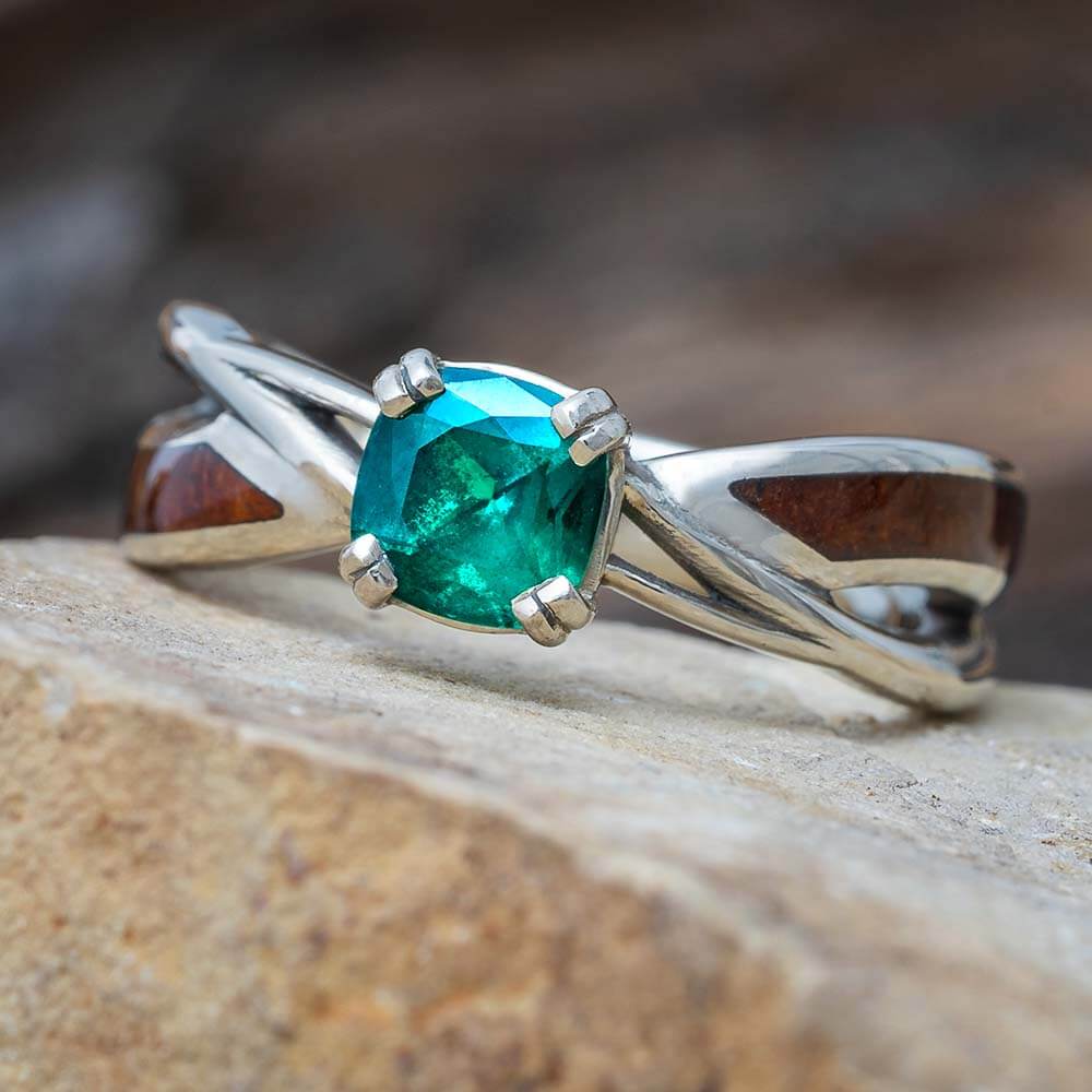 White Gold Wood Engagement Ring with Emerald