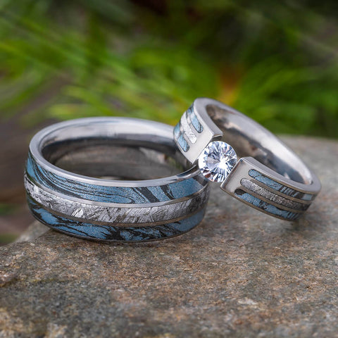 Matching Blue Ring Set with Meteorite | Jewelry by Johan - Jewelry by Johan