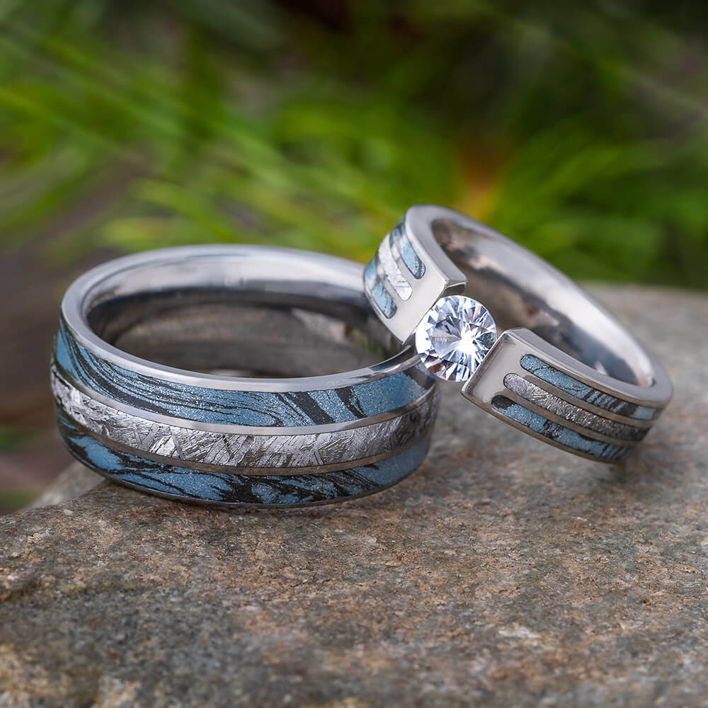 Blue Ring Set with Meteorite and Mokume Gane